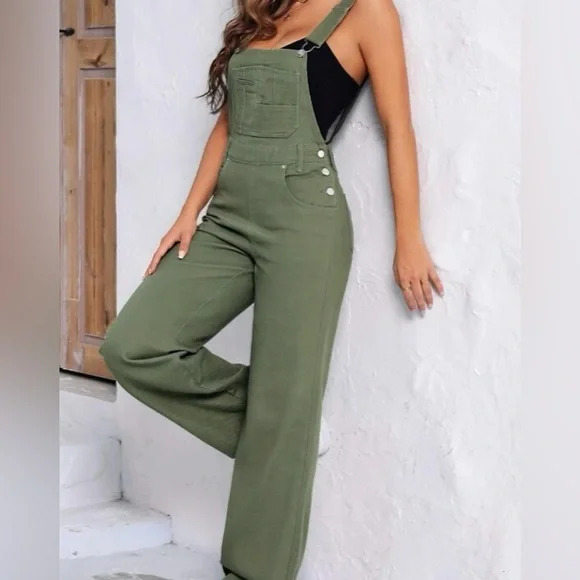 💫SHEIN Womens with Patch Jeans Salopette Green - Picture 5 of 5